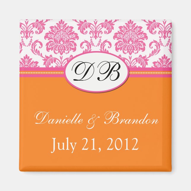 Pink Orange Monogramme Mariage damassé Magnet (Devant)