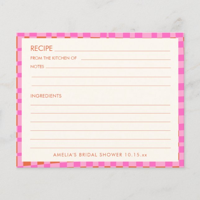 Pink Orange Personalized Bridal Shower Recipe Card (Devant)