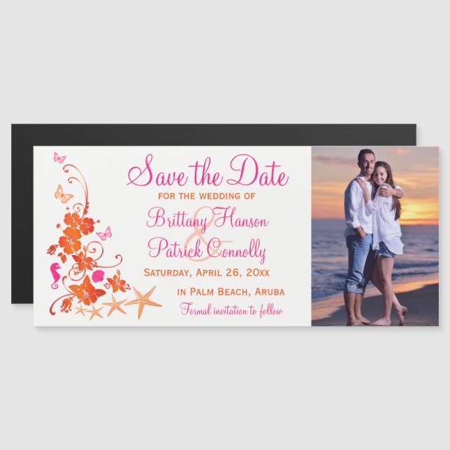 Pink, Orange Tropical Beach Save the Date Magnet (Devant / Derrière)