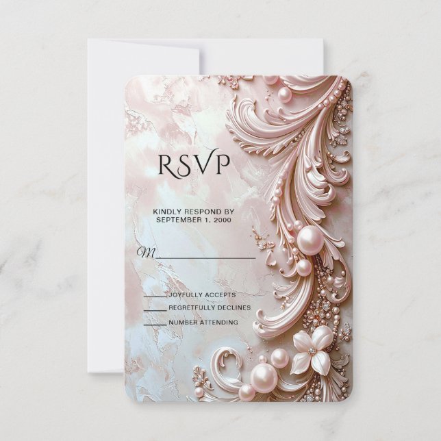 Pink Ornate Pearl and Floral RSVP Card (Devant)