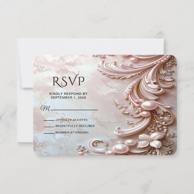Pink Ornate Pearl and Floral RSVP Card (Devant)