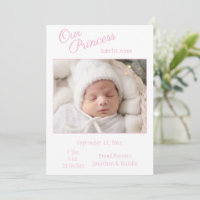 Pink Our Princess Photo Baby Faire-part de naissan