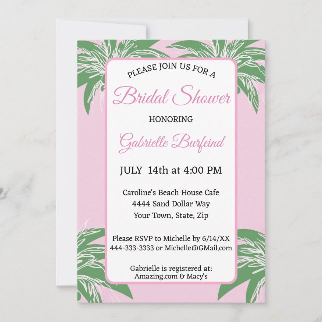 Pink Palm Bridal Shower Invitation | Tropical Palm (Devant)