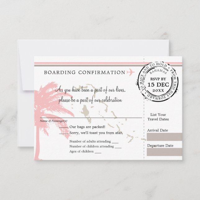 Pink Palm Tree Bahamas Boarding Pass Wedding RSVP (Devant)