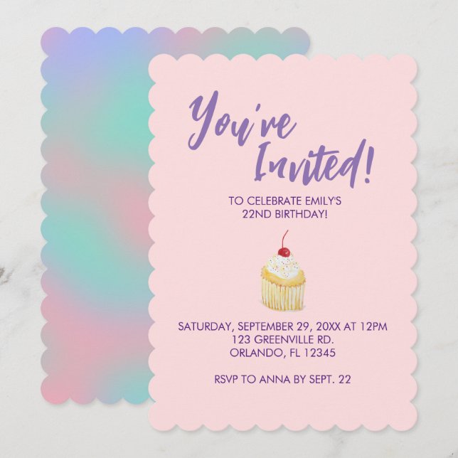 Pink Pastel Cupcake Invitation d'anniversaire (Devant / Derrière)