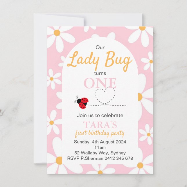 Pink Pastel Daisy Lady Bug Anniversaire Invitation (Devant)