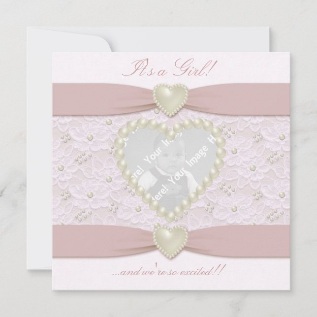Pink Pastel Lace Pearl Baby Photo Faire-part (Devant)
