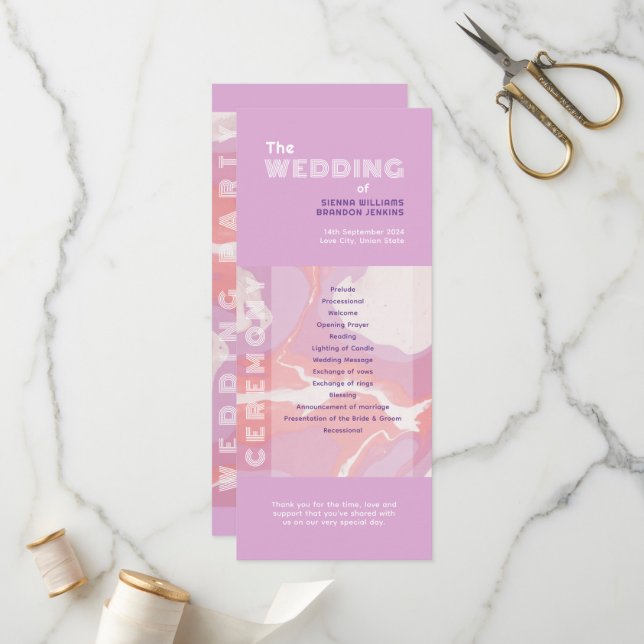 Pink Pastel Programme de Mariage d'Art Abstrait (Devant/Arrière en situation)