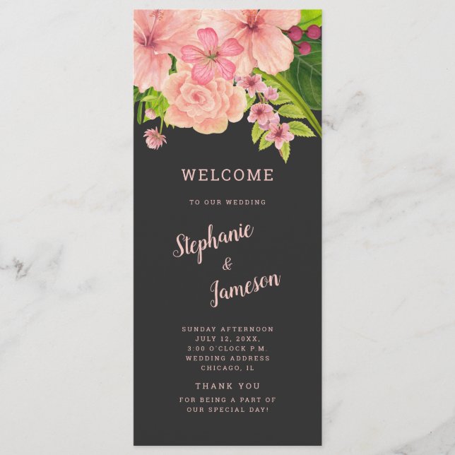 Pink & Peach Floral Mariage Cérémonie Programme (Devant)