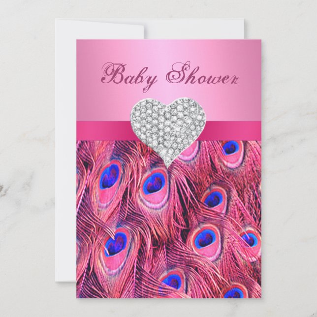 Pink Peacock Diamond Heart Baby shower Invitation (Devant)