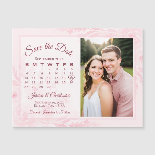 Pink Peonies Calendar & Photo Save the Date Magnet (Devant)