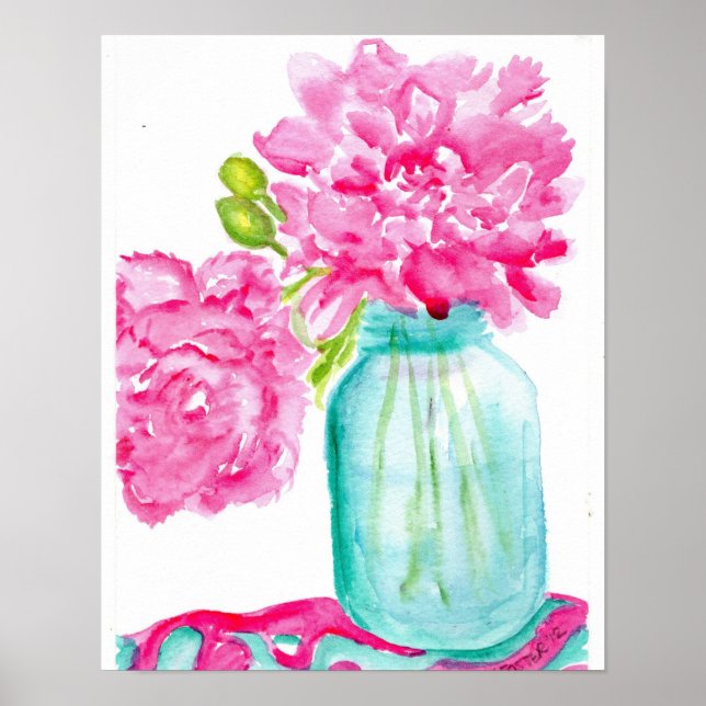 Pink Peonies in Canning Jar Poster (Devant)