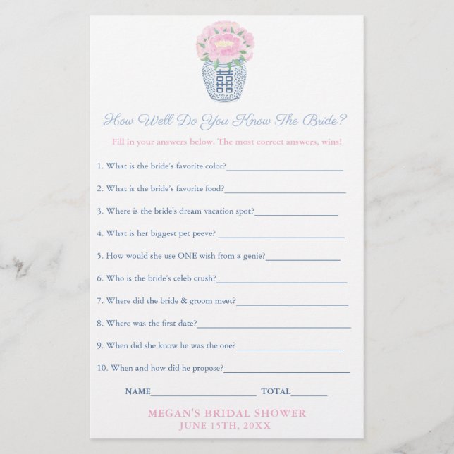 Pink Peonies Who Knows Bride The Best Game Sheet (Devant)