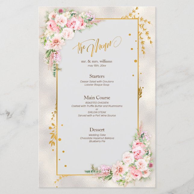 Pink Peony Floral Gold Script & Frame Mariage Menu (Devant)