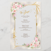 Pink Peony Floral Gold Script & Frame Mariage Menu