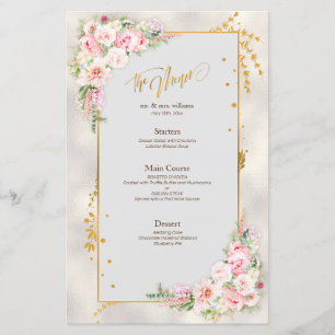 Pink Peony Floral Gold Script & Frame Mariage Menu