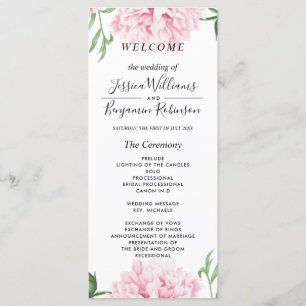 Pink Peony Programme de mariage aquarelle
