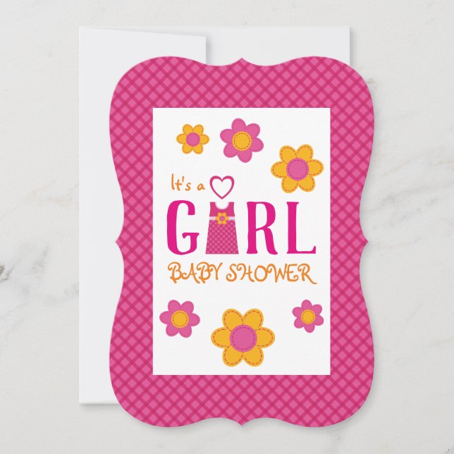 Pink plaid fille robe flora baby shower invitation (Devant)