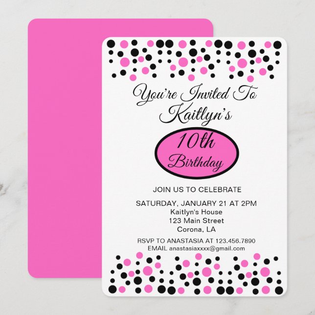 Pink Polka Dot Anniversaire Fête Invitation (Devant / Derrière)