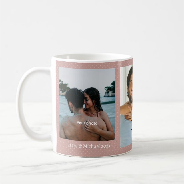 Pink Polka Dot Couple Photo Pink Love Hearts Mug (Gauche)