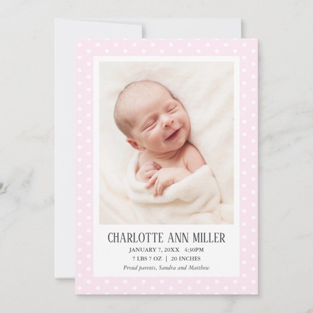 Pink Polka Dot Faire-part de naissance bébé (Devant)