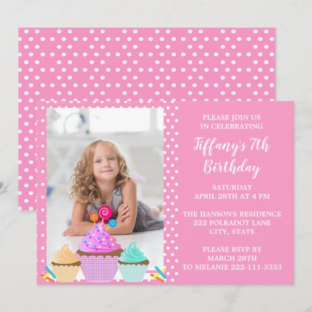 Pink Polka Dot Photo Anniversaire Invitation (Devant / Derrière)