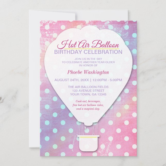 Pink Polka Point Hot Air Balloon Invitation Annive (Devant)