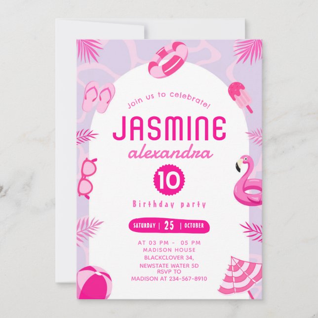 Pink Pool Party Editable Anniversaire Invitation (Devant)