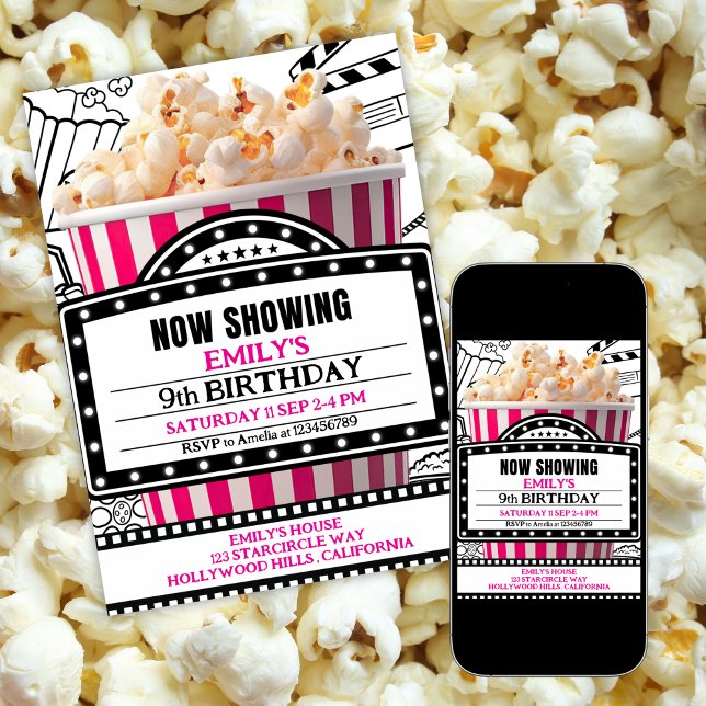 Pink Popcorn Movie Night Party Invitation (Créateur téléchargé)