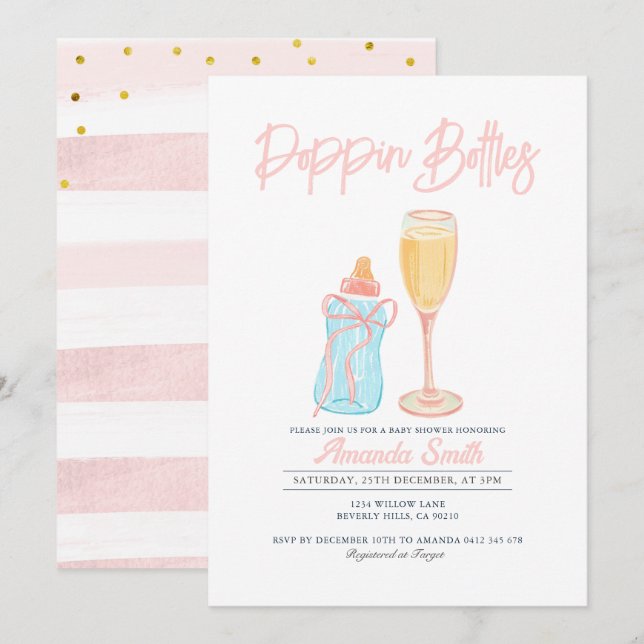 Pink Poppin' Bouteilles Invitation Baby shower fil (Devant / Derrière)