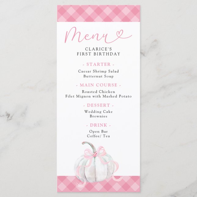 Pink Preppy Citrouille Girl's First Birthday Menu (Devant)
