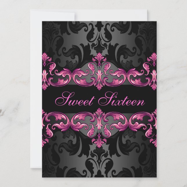Pink Princess Damask Sweet16 Invitation d'annivers (Devant)