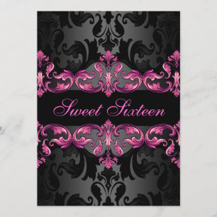 Pink Princess Damask Sweet16 Invitation d'annivers