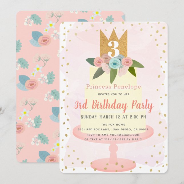 Pink Princess Floral Cake Girl Invitation Annivers (Devant / Derrière)