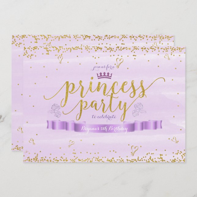 Pink Princess Purple & Gold Invitations d'annivers (Devant / Derrière)