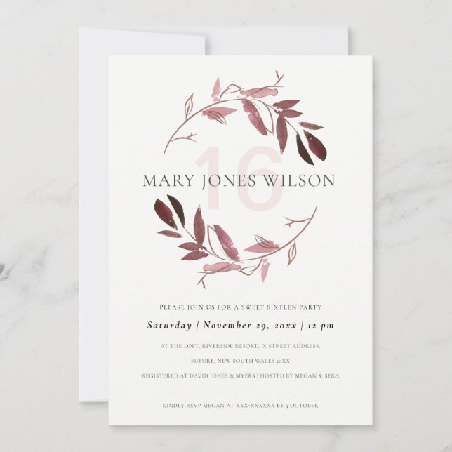 PINK PURPLE FOLIAGE WREATH SWEET 16 CARTE D'ANNIVE (Devant)