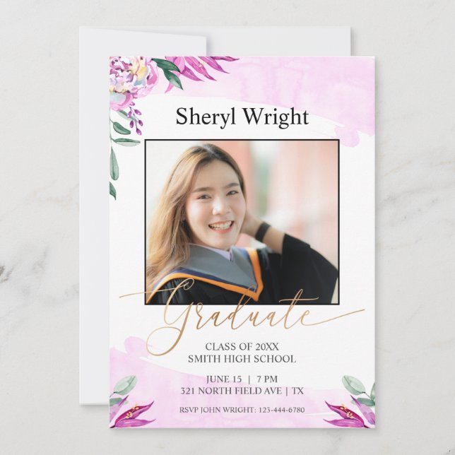 Pink Purple Graduate Photo Floral Invitation (Devant)