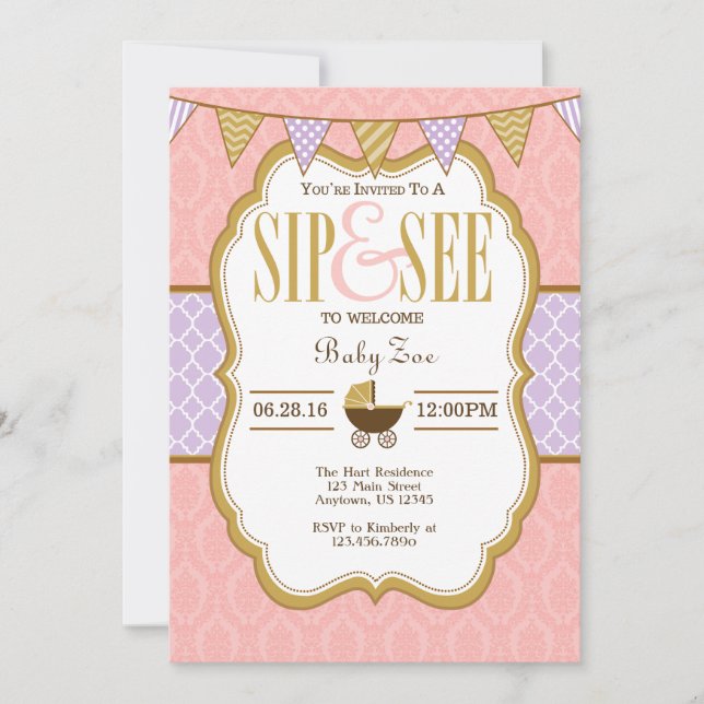 Pink Purple Lavender Gold Sip Et Voir Invitation (Devant)