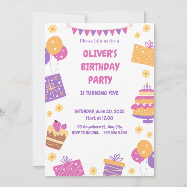 Pink Purple Playful Simple Invitation anniversaire (Devant)