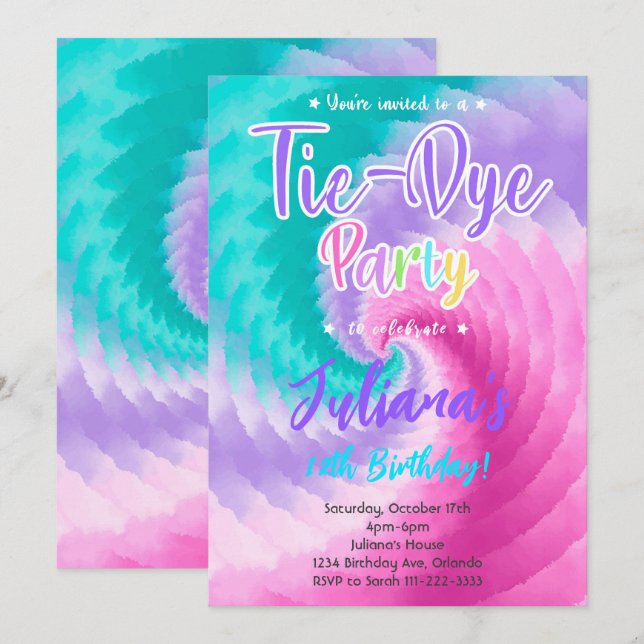 Pink Purple Turquoise Tiedye Invitation Anniversai (Devant / Derrière)
