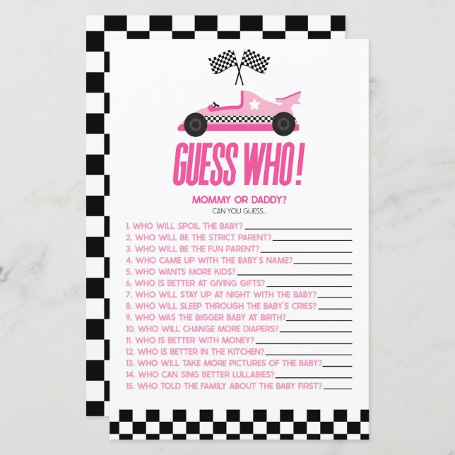 Pink Race Car Devinez Qui Baby shower Jeu (Devant / Derrière)