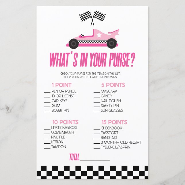 Pink Race Car What's In Purse Baby shower Jeu (Devant)
