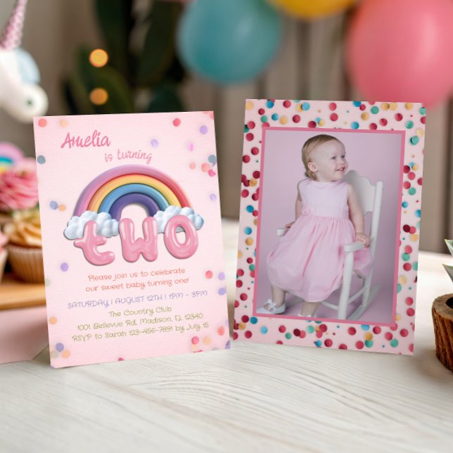Pink Rainbow 2nd Birthday Invitation with Photo (Créateur téléchargé)