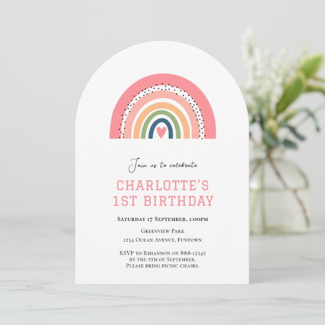 Pink Rainbow simple invitation 1er anniversaire (Debout devant)