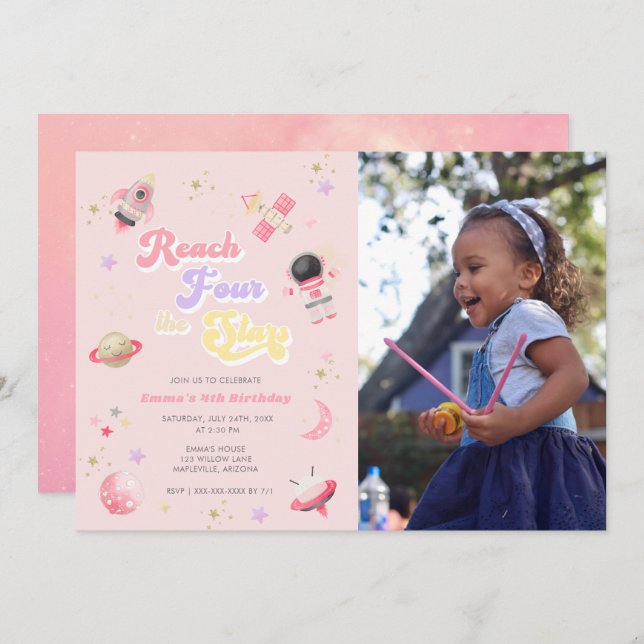 Pink Reach Four the Stars 4th Birthday Invitation (Devant / Derrière)