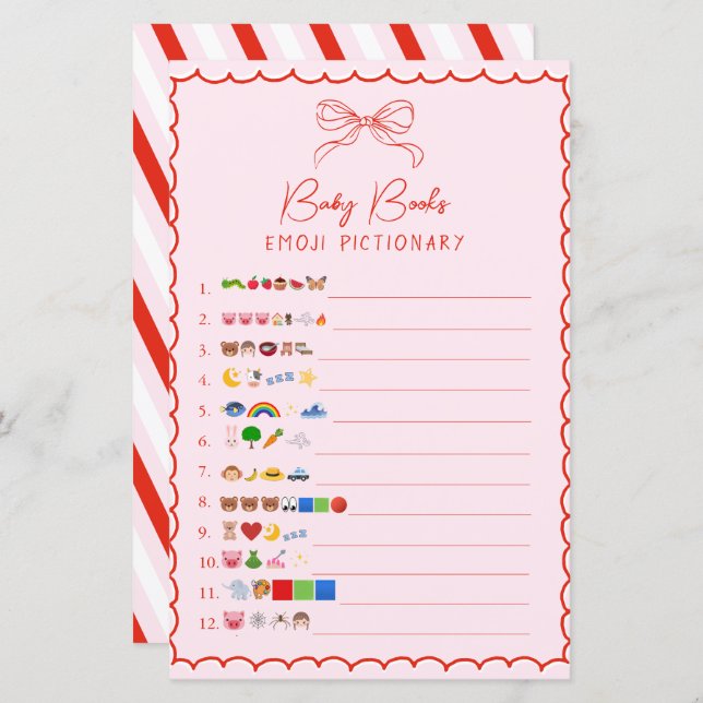 Pink & Red Bow Baby Books Emoji Pictionary Game (Devant / Derrière)