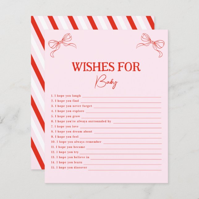 Pink Red Bow Christmas Wishes For Baby Advice Card (Devant / Derrière)