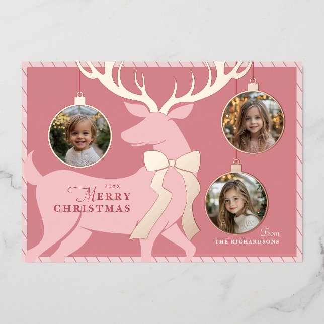 Pink Reindeer 3 Photos Rose Gold Foil Carte de vac (Recto)