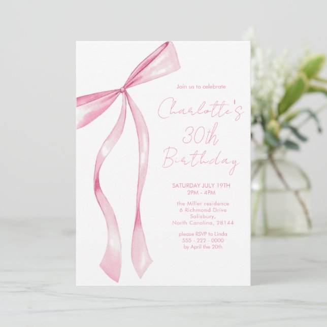 Pink Ribbon Elegant 30th Birthday Invitation (Debout devant)