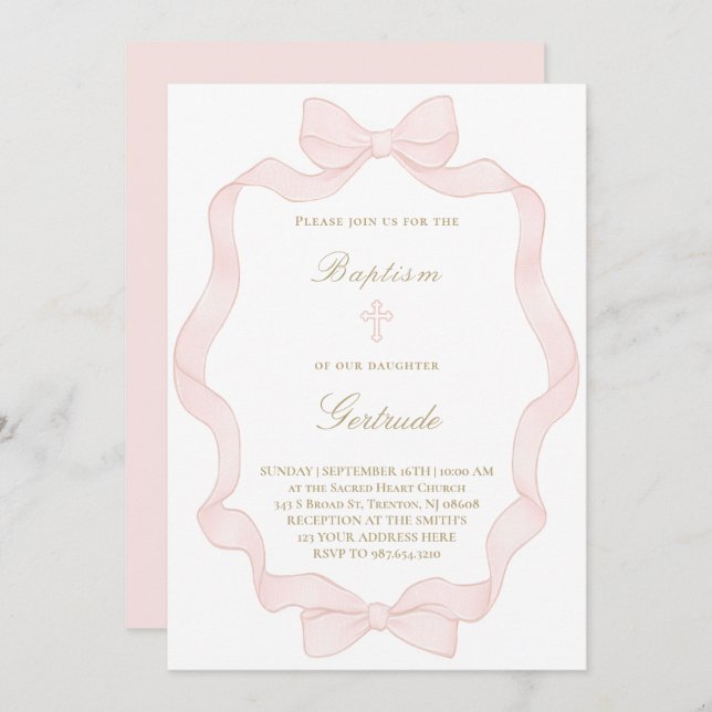  pink ribbon frame Baptism Invitation (Devant / Derrière)